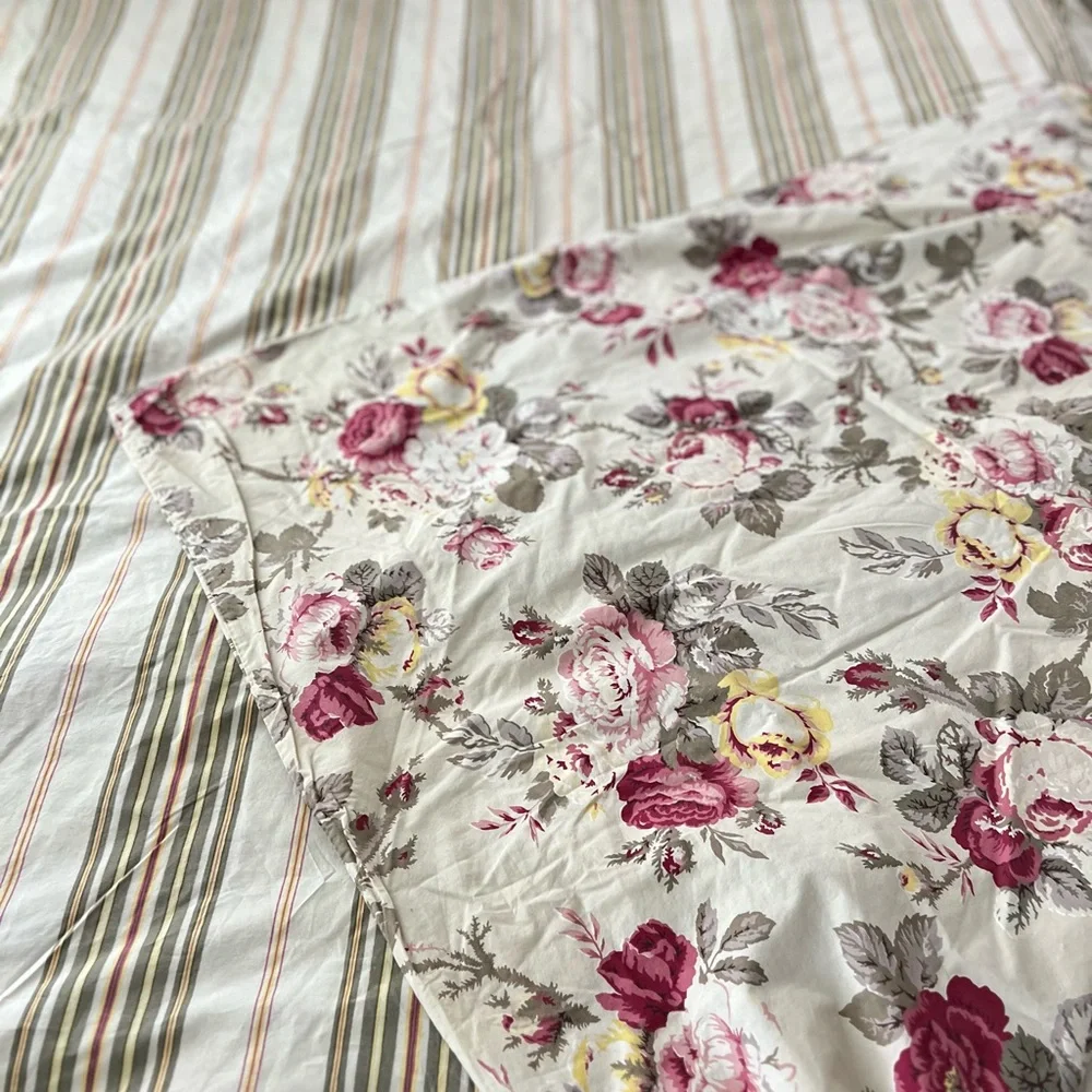 Pottery Barn Duvet Cover Cabbage Roses Stripes Reversible Full